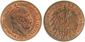 Proben
Verprägungen und Besonderheiten, Kaiserreich, Preußen
Probe 20 Mark 1888 A, mit dem Kopf Wilhelm I. und der neuen Rs. mit dem großen Reichsad...