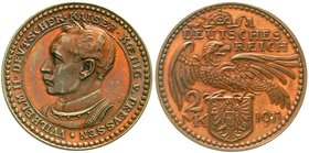Proben
Verprägungen und Besonderheiten, Kaiserreich, Preußen
2 Mark 1913 Probe von Karl Goetz, in Kupfer. 8,97 g.
vorzüglich/Stempelglanz