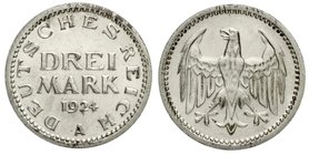 Proben
Verprägungen und Besonderheiten, Weimarer Republik
3 Reichsmark in Kupfer-Nickel-Legierung 1924 A. Probe oder priv. Herstellung. Ca. 90 % Kup...