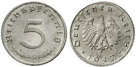 Proben
Verprägungen und Besonderheiten, Alliierte Besetzung
5 Reichspfennig Probe 1947 D. Aluminium, 1,03 g.
prägefrisch, selten