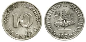 Proben
Verprägungen und Besonderheiten, Bundesrepublik Deutschland
10 Pfennig Probeprägung in Aluminium 1950 F. 1,23 g.
gutes vorzüglich, leichte K...
