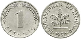 Proben
Verprägungen und Besonderheiten, Bundesrepublik Deutschland
1 Pfennig 1950 J Abschlag in Aluminium. 0,70 g.
fast Stempelglanz, sehr selten