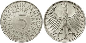 Proben
Verprägungen und Besonderheiten, Bundesrepublik Deutschland
5 Mark 1966 G, ohne Randschrift. fast Stempelglanz, selten