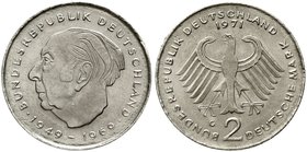 Proben
Verprägungen und Besonderheiten, Bundesrepublik Deutschland
2 Mark Heuß 1971 G, auf zu dünnem Schrötling (3,44 g), nur 1/2 Stärke (ca. Gewich...