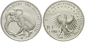 Proben
Verprägungen und Besonderheiten, Bundesrepublik Deutschland
10 Euro Till Eulenspiegel 2011 D in Silber, jedoch mit dem Cu/Ni-Stempel geprägt....