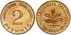Münzen der Bundesrepublik Deutschland
Kursmünzen
2 Pfennig, Kupfer 1950-1969
1961 F. Auflage nur 50 Ex.
Polierte Platte, sehr selten