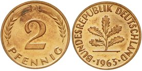 Münzen der Bundesrepublik Deutschland
Kursmünzen
2 Pfennig, Kupfer 1950-1969
1963 F. Auflage nur 50 Ex.
Polierte Platte, winz. Kratzer, sehr selte...