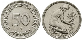 Münzen der Bundesrepublik Deutschland
Kursmünzen
50 Pfennig, Kupfer/Nickel 1949-2001
1950 G, Bank Deutscher Länder. Auflage nur ca. 10 Ex.
Poliert...
