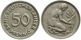 Münzen der Bundesrepublik Deutschland
Kursmünzen
50 Pfennig, Kupfer/Nickel 1949-2001
1950 G. Bank Deutscher Länder. Mit Gutachten Zierl (von 1976)....