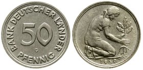 Münzen der Bundesrepublik Deutschland
Kursmünzen
50 Pfennig, Kupfer/Nickel 1949-2001
1950 G. Bank Deutscher Länder.
vorzüglich/Stempelglanz