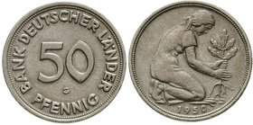 Münzen der Bundesrepublik Deutschland
Kursmünzen
50 Pfennig, Kupfer/Nickel 1949-2001
1950 G. sehr schön