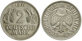 Münzen der Bundesrepublik Deutschland
Kursmünzen
2 Deutsche Mark Ähren, Kupfer/Nickel 1951
1951 G. prägefrisch