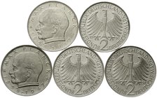 Münzen der Bundesrepublik Deutschland
Kursmünzen
2 Deutsche Mark Max Planck K/N 1957-1971
5 gut erhaltene Stücke: 1958 D,F,J, 1959 D,F. vorzüglich/...