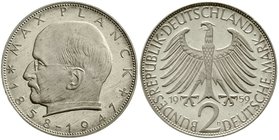 Münzen der Bundesrepublik Deutschland
Kursmünzen
2 Deutsche Mark Max Planck K/N 1957-1971
1959 D. Auflage nach Winter nur 38 Ex.
Polierte Platte, ...