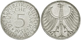 Münzen der Bundesrepublik Deutschland
Kursmünzen
5 Deutsche Mark Silber 1951-1974
1951 F. Erstabschlag/Polierte Platte, kl. Kratzer