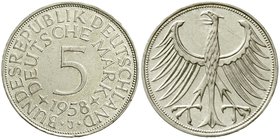 Münzen der Bundesrepublik Deutschland
Kursmünzen
5 Deutsche Mark Silber 1951-1974
1958 J. vorzüglich/Stempelglanz