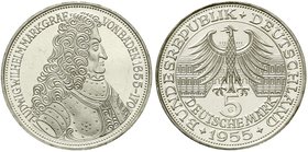 Münzen der Bundesrepublik Deutschland
Gedenkmünzen
5 Deutsche Mark, Silber, 1952-1979
Markgraf von Baden 1955 G. Polierte Platte, nur min. berührt...