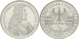Münzen der Bundesrepublik Deutschland
Gedenkmünzen
5 Deutsche Mark, Silber, 1952-1979
Markgraf von Baden 1955 G. fast Stempelglanz, Prachtexemplar...