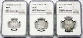 Münzen der Bundesrepublik Deutschland
Kursmünzensätze
1 Pfennig - 5 Deutsche Mark, 1964-2001
Die 3 wichtigsten Münzen aus dem Satz 1964 G, in NGC-B...