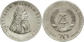 Gedenkmünzen der DDR
20 Mark 1966, Leibniz. Randschrift läuft links herum.
vorzüglich/Stempelglanz