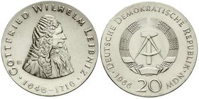 Gedenkmünzen der DDR
20 Mark 1966, Leibniz. Randschrift läuft rechts herum.
vorzüglich/Stempelglanz