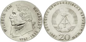 Gedenkmünzen der DDR
20 Mark 1967, Humboldt. Randschrift läuft rechts herum.
vorzüglich/Stempelglanz.kl.Kratzer