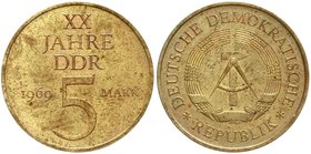 Gedenkmünzen der DDR
5 Mark Messing (Cu 630/Zn 370) 1969. 8,77 g.
vorzüglich/Stempelglanz, etwas fleckige Patina, von größter Seltenheit (verm. Unik...