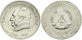 Gedenkmünzen der DDR
20 Mark 1969, Goethe. Randschrift läuft links herum.
Stempelglanz
