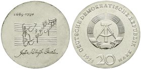 Gedenkmünzen der DDR
20 Mark 1975, Bach. Randschrift läuft rechts herum.
prägefrisch, Kratzer