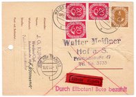 Briefmarken
Briefe
Deutschland
BRD: Sehr selt. Bed.-Eilbotendrucksache 1951 mit Posthorn 4 Pf. sowie 3 Stück 20 Pf. links gelocht.
Bedarfserhaltun...