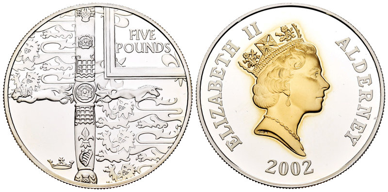 Alderney. Elizabeth II. 5 libras. 2002. (Km-24a variante). Ag. 28,28 g. Parial g...