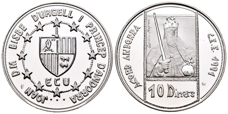 Andorra. 10 diners. 1992. (Km-71). Ag. 31,47 g. Carlo Magno. ECU, acuerdo de la ...