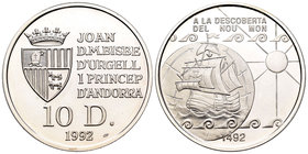 Andorra. 10 diners. 1992. (Km-78). Ag. 31,10 g. V Centenario del descubrimiento de América. PR. Est...25,00.