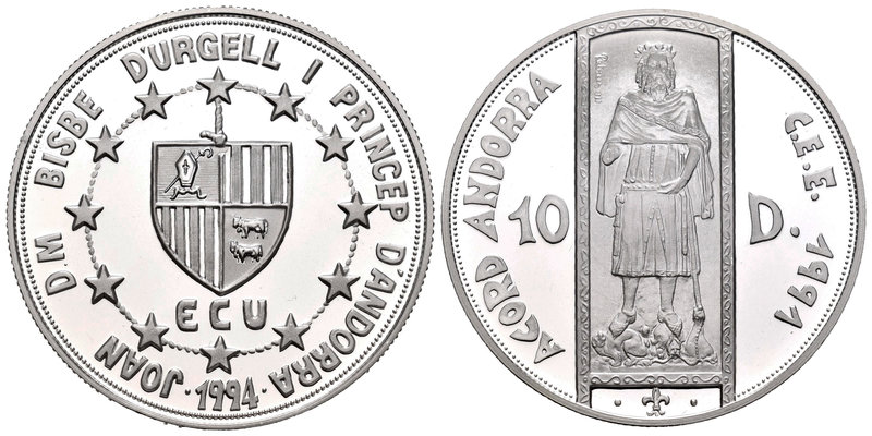 Andorra. 10 diners. 1994. (Km-99). Ag. 31,47 g. ECU, unión aduanera CEE. Pedro I...