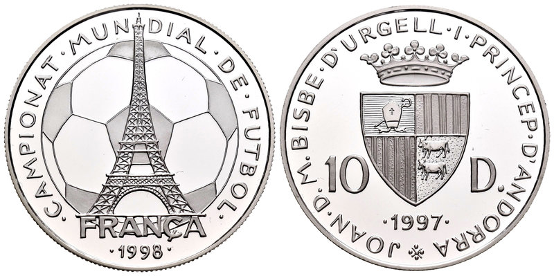 Andorra. 10 diners. 1997. (Km-142). Ag. 31,47 g. Soccer World Cup 98. PR. Est......