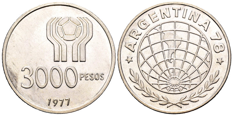 Argentina. 3000 pesos. 1977. (Km-80). Ag. 25,00 g. Soccer World Cup '78. PR. Est...