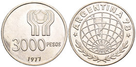 Argentina. 3000 pesos. 1977. (Km-80). Ag. 25,00 g. Soccer World Cup '78. PR. Est...25,00.