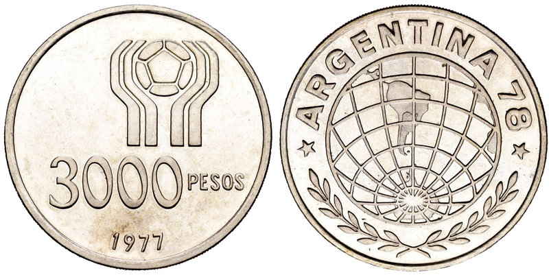 Argentina. 3000 pesos. 1977. (Km-80). Ag. 25,00 g. Argentina '78. PR. Est...25,0...