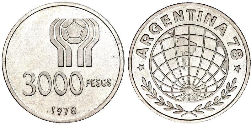 Argentina. 3000 pesos. 1978. (Km-80). Ag. 25,00 g. Soccer World Cup '78. PR. Est...