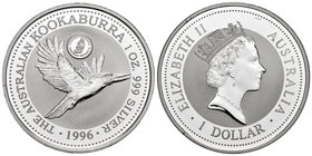 Australia. Elizabeth II. 1 dolar. 1996. (Km-289.1). Ag. 31,64 g. Kookaburra. Marca privada: Swan River / Rottnest Island Tercentenary. Tirada de 5000 ...