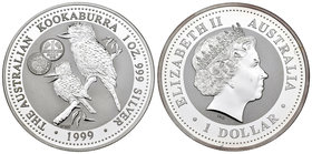 Australia. Elizabeth II. 1 dollar. 1999. (Km-399). Ag. 31,11 g. Kookaburra. Marca privada: 1 mark. Tirada de 5000 piezas. PR. Est...35,00.