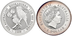 Australia. Elizabeth II. 1 dollar. 1999. (Km-399). Ag. 31,11 g. Kookaburra. Marca privada: 50 francos belgas. Tirada de 5000 piezas. PR. Est...35,00.