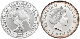 Australia. Elizabeth II. 1 dollar. 1999. (Km-399). Ag. 31,11 g. Kookaburra. Marca privada: 1 libra irlandesa. Tirada de 5000 piezas. PR. Est...35,00.