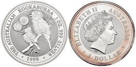 Australia. Elizabeth II. 1 dollar. 1999. (Km-399). Ag. 31,11 g. Kookaburra. Marca privada: 100 pesetas. Tirada de 5000 piezas. PR. Est...35,00.
