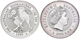 Australia. Elizabeth II. 1 dollar. 1999. (Km-399). Ag. 31,11 g. Kookaburra. Marca privada: 1 mark. Tirada de 5000 piezas. PR. Est...35,00.