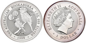 Australia. Elizabeth II. 1 dollar. 1999. (Km-399). Ag. 31,11 g. Kookaburra. Marca privada: 1 gulden. Tirada de 5000 piezas. PR. Est...35,00.