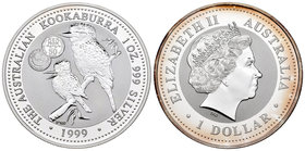 Australia. Elizabeth II. 1 dollar. 1999. (Km-399). Ag. 31,11 g. Kookaburra. Marca privada: 50 escudos. Tirada de 5000 piezas. PR. Est...35,00.