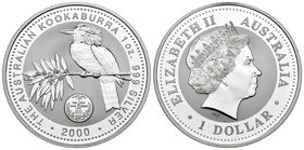 Australia. Elizabeth II. 1 dollar. 2000. (Km-612). Ag. 31,11 g. Kookaburra. Marca privada: Meryland. PR. Est...25,00.