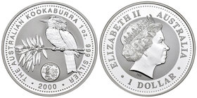Australia. Elizabeth II. 1 dollar. 2000. (Km-611). Ag. 31,11 g. Kookaburra. Marca privada: Massachusetts. PR. Est...25,00.