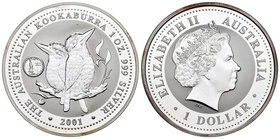 Australia. Elizabeth II. 1 dollar. 2001. (Km-479). Ag. 31,97 g. Kookaburra. Marca: New York - gateway to freedom. PR. Est...40,00.